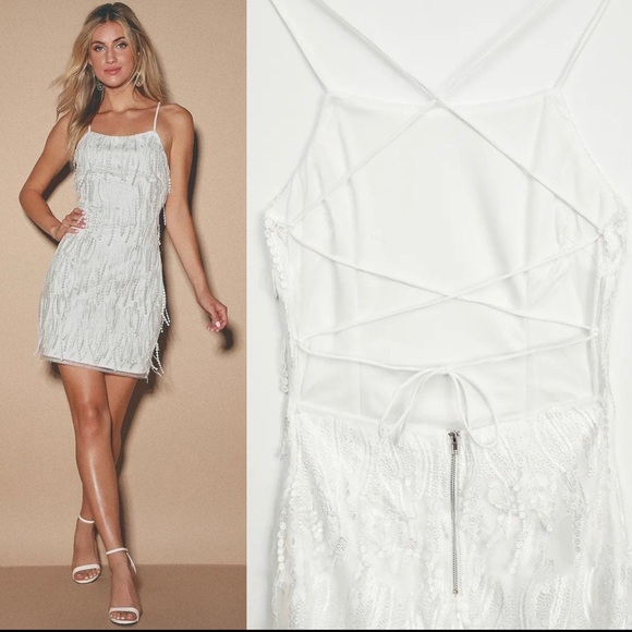White Fringe Lace-Up Backless Mini Dress 🌿 - Picture 3 of 10